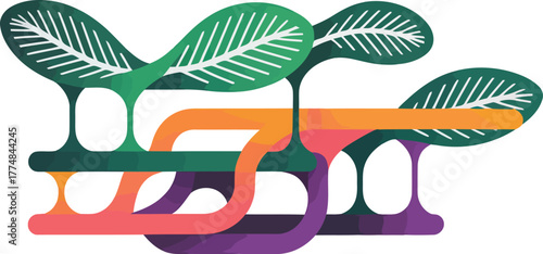 Interconnected Green Leaves and Abstract Pathways