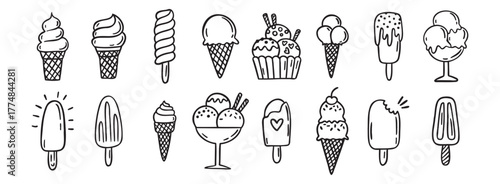 ice cream doodle hand drawn icon set. Outline drawing ice cream line clipart symbol collection