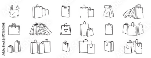 Shopping bags icons doodle hand drawn set. Paper shopping bags drawing line outline vector black Set 