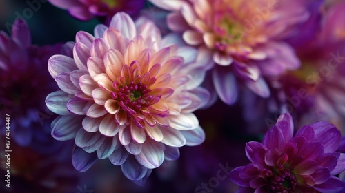 Chrysanthemum Blooms: A close-up showcases vibrant chrysanthemum blooms, each petal unfolding in intricate detail and adorned with delicate hues of pink and purple.