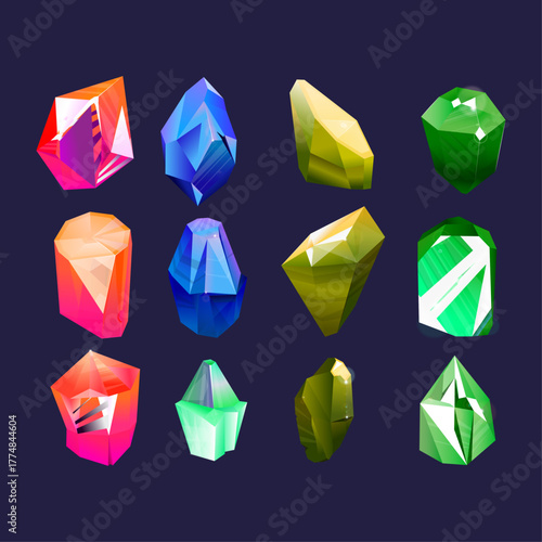 Set of colorful fantasy crystals and precious gems with sharp facets for game design elements