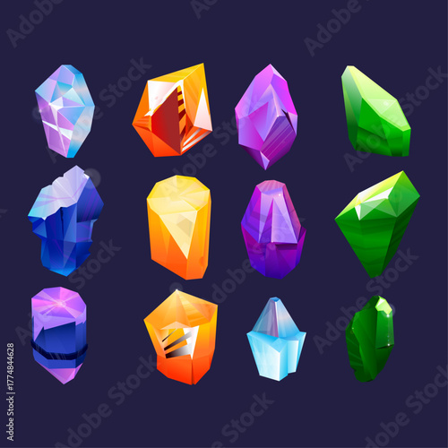 Collection of beautiful, colorful, and unique faceted crystal gemstones in various shapes and designs