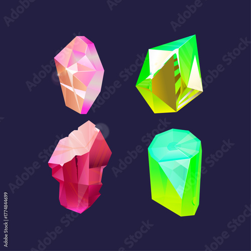 A vibrant set of four glowing magic crystal icons with colorful facets and shiny precious gem stones