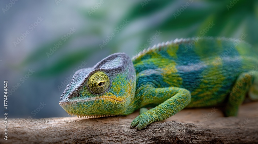 Fototapeta premium A clear photo of a vibrant green and blue chameleon perched on a leafy branch, with a slightly blurred background featuring various shades of green