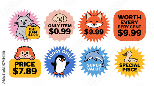 Sale stickers with cute animals and prices