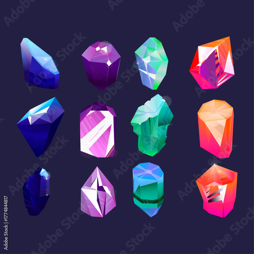 Assortment of Twelve Colorful Gemstones and Crystals with Faceted Surfaces on a Dark Background