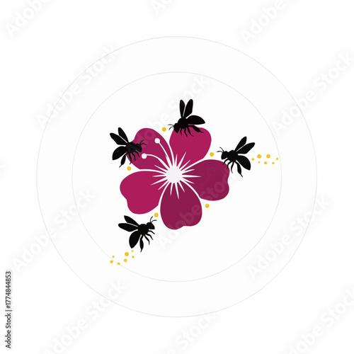 Stylized dark silhouette bees swarm around a vibrant magenta hibiscus flower with yellow pollen dots