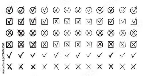 Check marks hand drawn doodle set. tick, cross signs for checkbox, checklist, v and x in sketch set.
