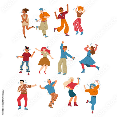 Vibrant collection of diverse young adults enjoying music and dancing with headphones, expressing joy and energy