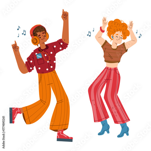 Happy people dancing and listening to music with headphones and earbuds, isolated on white background
