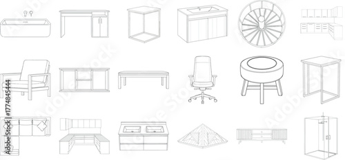Collection of architectural drawings and blueprints of various furniture and structures