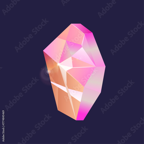 A radiant pink and orange gemstone with geometric facets sparkling with magical light on a dark backdrop