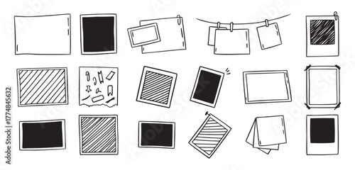 Vintage photo frames hand drawn doodle hanging on a clips icons set. Picture outline drawing template 