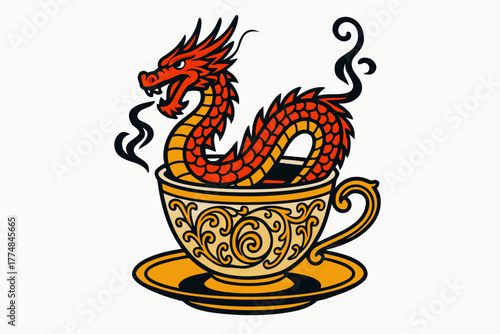 Golden dragon curling inside decorative bowl showing myth legend and cultural strength in elegant traditional fantasy design
