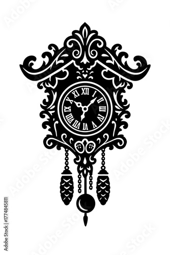 Classic black cuckoo clock with intricate wood carving pattern showing vintage craftsmanship and timeless artistic detail