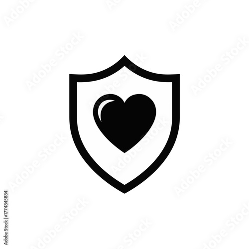 Shield with a heart icon. Flat design symbol for protection, health, and safety. Minimalist vector graphic for insurance and security concepts.