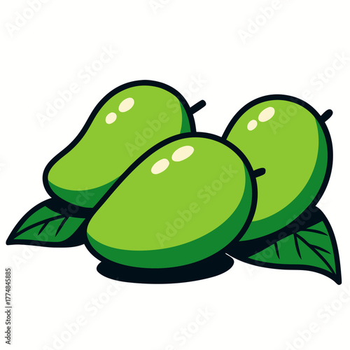 Three green mangoes with glossy surface and simple natural style representing freshness and tropical fruit concept in clean composition