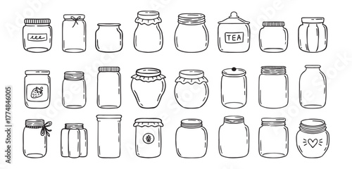 Jars hand drawn doodle isolated on white background. Jar empty, template outline drawing elements collection.