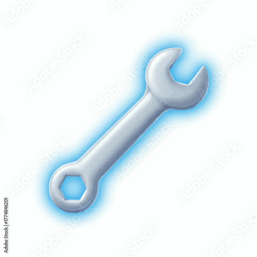 A shiny silver wrench with a bright blue glowing aura on a white background
