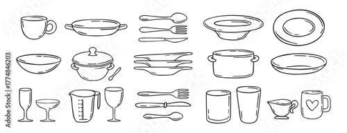 dishes dinnerware doodle hand drawn icon set. Plate, glass and cup, mug, bowl. Outline drawing tableware for kitchen line clipart symbol collection