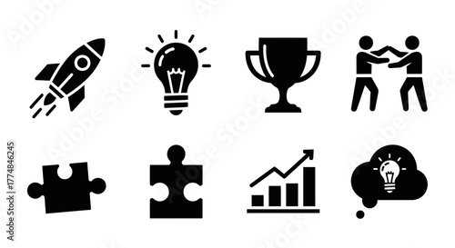 Black and white icons representing business concepts and teamwork.