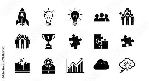 Black and white icons representing business and success concepts.