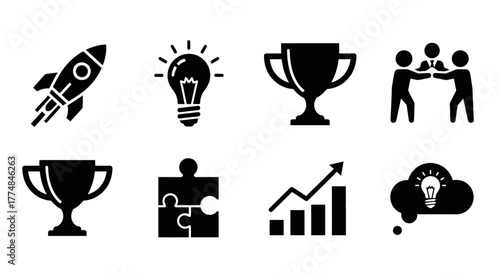 Black and white icons representing business concepts and teamwork.