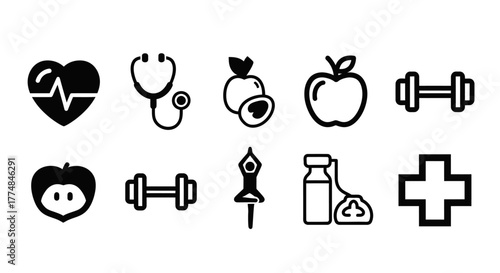 Health and wellness icons: heart, stethoscope, fruit, apple, weights, yoga, iv, cross.