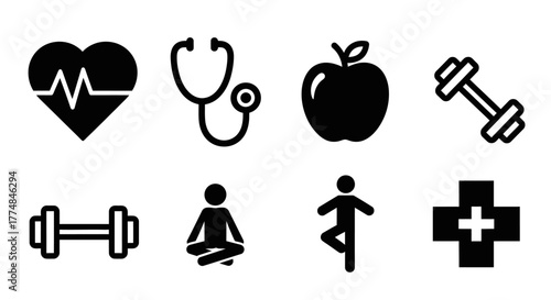 Health and wellness icons: heart, stethoscope, apple, dumbbell, yoga, cross.