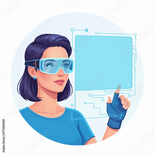 Woman wearing futuristic virtual reality goggles interacts with a transparent digital interface screen