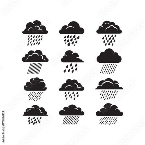 Black silhouette set of clouds with rain drops illustration isolated