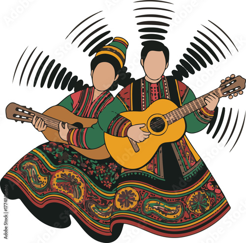 Traditional Musicians Illustration Playing Guitar With Sound Waves Vector Graphic