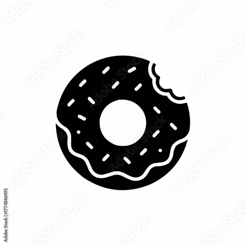 Simple black and white icon illustration of a bitten donut with sprinkles on a white background