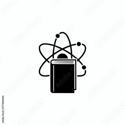 Black icon of an open book with atomic orbits and electrons representing science and knowledge