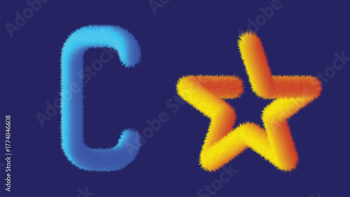 Blue letter C and orange fuzzy star 3d design on dark blue background
