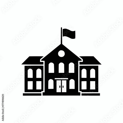 Black silhouette of a classic school building with a flag on top against a white background