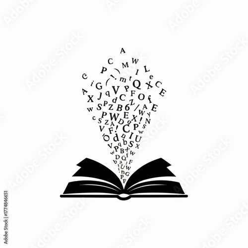 Open book with black letters and symbols flying out and upwards on white background