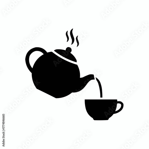 Black silhouette of a steaming teapot pouring hot liquid into a cup on a white background