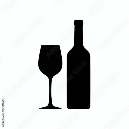 Simple black silhouette of a wine bottle and a wine glass on a white background