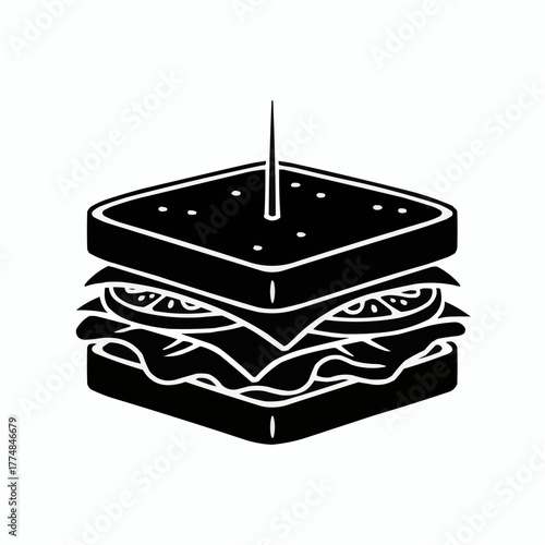 Stylized black and white illustration of a stacked sandwich with a toothpick on a white background