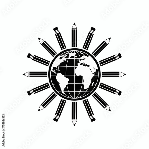 Black and white globe surrounded by pencils in a circular arrangement design