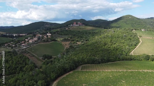 drone shot of vineyards in the chianti region, Italy