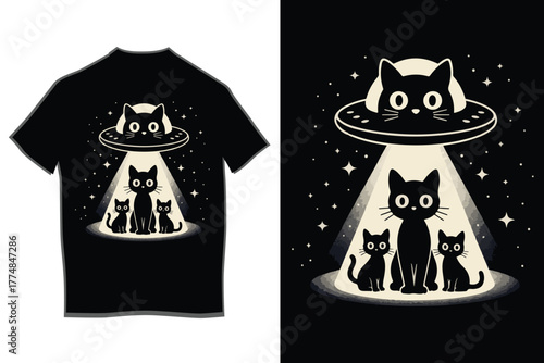 Whimsical illustration of black cats and a ufo abducting a cat family with a mysterious beam of light under a starry night sky, perfect for cool apparel.