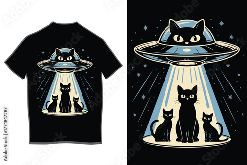 Cute black cat alien piloting ufo beams down on family of felines under starry night sky, humorous sci-fi pet illustration artwork for unique apparel design.