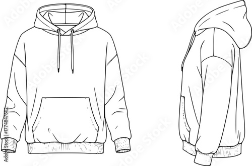 A casual hoodie depicted with a front and side view, featuring a drawstring hood and kangaroo pocket. The layout captures the relaxed fit a vector silhouette illustration isolated on white background 