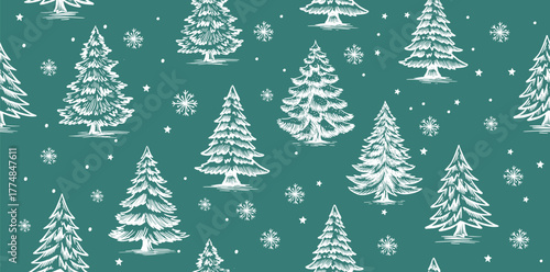 Christmas pattern with tree on blue, hand drawn illustrations	
