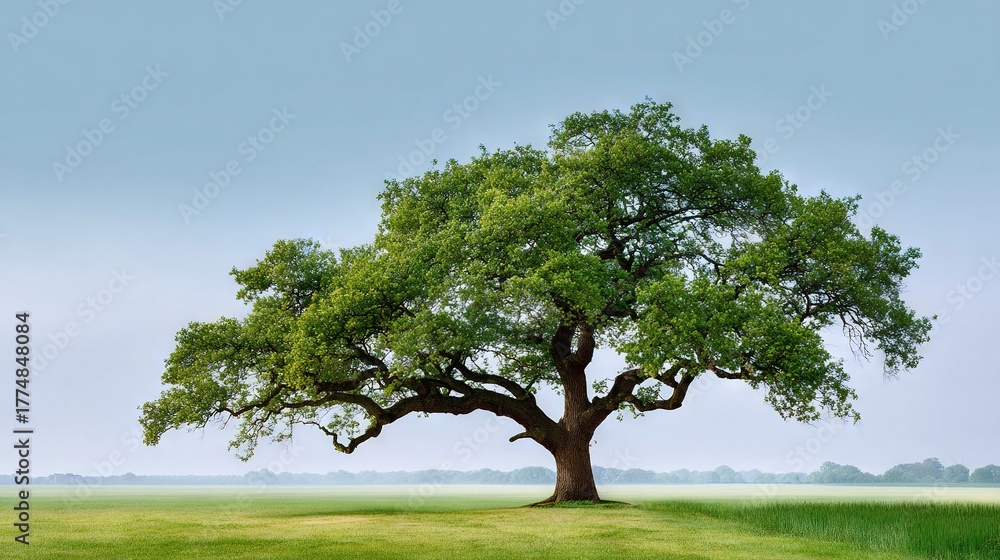 Fototapeta premium A tall tree stands majestically in the center of a lush green lawn, surrounded by a vibrant blue sky and verdant foliage in the foreground