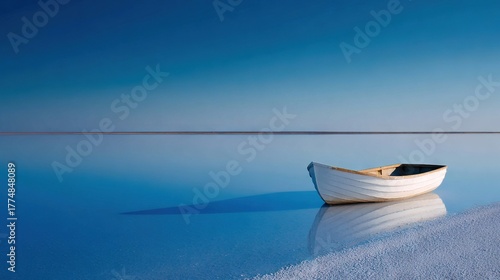  White boat glides atop azure sea, near vast water expanse and cloud-filled sky