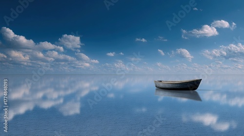   A boat floats atop a vast expanse of water beneath a cloud-filled blue sky