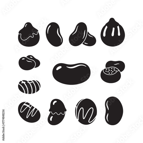 Diverse collection of stylized beans in black and white graphics